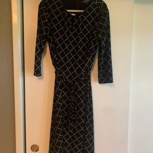 Knee length RL black dress with dark green and cream diagonal RL pattern